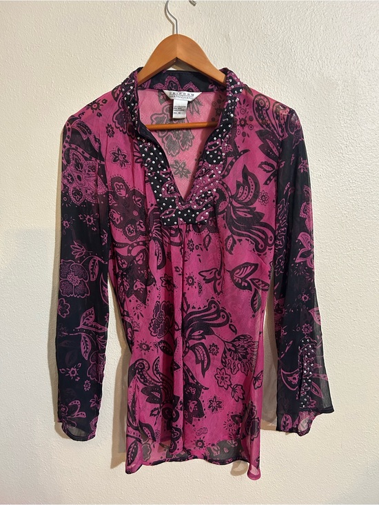 JohnPaulRichard Tops - John Paul Richard Y2K Magenta Floral Chiffon Paisley Top Size M McBling